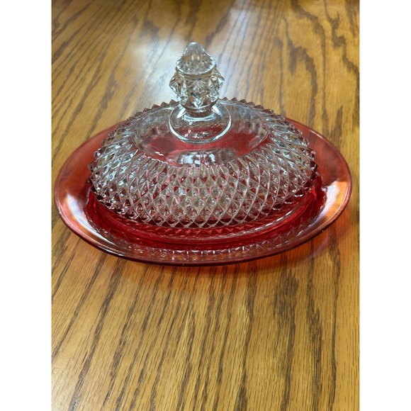 Vintage Red Glass Butter Dish with Diamond Cut Crystal Dome Lid - Picture 6 of 6